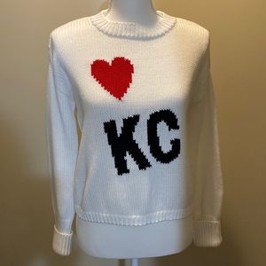 White sweater with red heart and KC